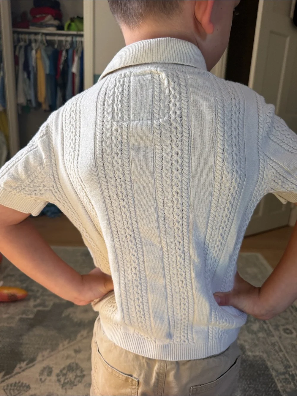Men's Short-Sleeve Cable Knit Polo Sweater in Cream